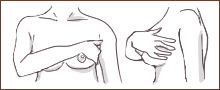 マッサージするお乳の反対側の手（この図では右手）の指を軽く曲げ、お乳を包み込むように保護する。