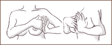 マッサージをする方の手（左手）を図のように指先を上に向け、手首をそらせて保護している指の外側にあてる。（保護している指の上に重ねないこと）