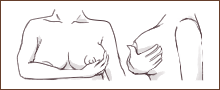 マッサージをするお乳の反対側の手（この図では右手）の指をそろえて、お乳を下にあて保護する。
