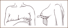 マッサージをするお乳の反対の手（この図では右手）の指をそろえて、お乳の下にあて保護する。